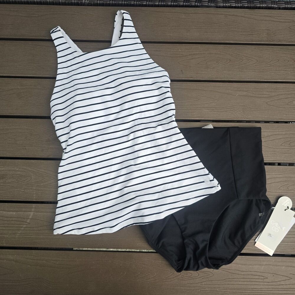 CALIA Women's Coastal Stripe Tankini & Black Power Sculpt Swim Bikini Sz XS New